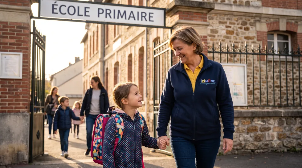 Garde d'enfants à Arras : sortie d'école, devoirs et activités 1 nounou périscolaire accompagnant un enfant à la sortie de l'école à Arras
